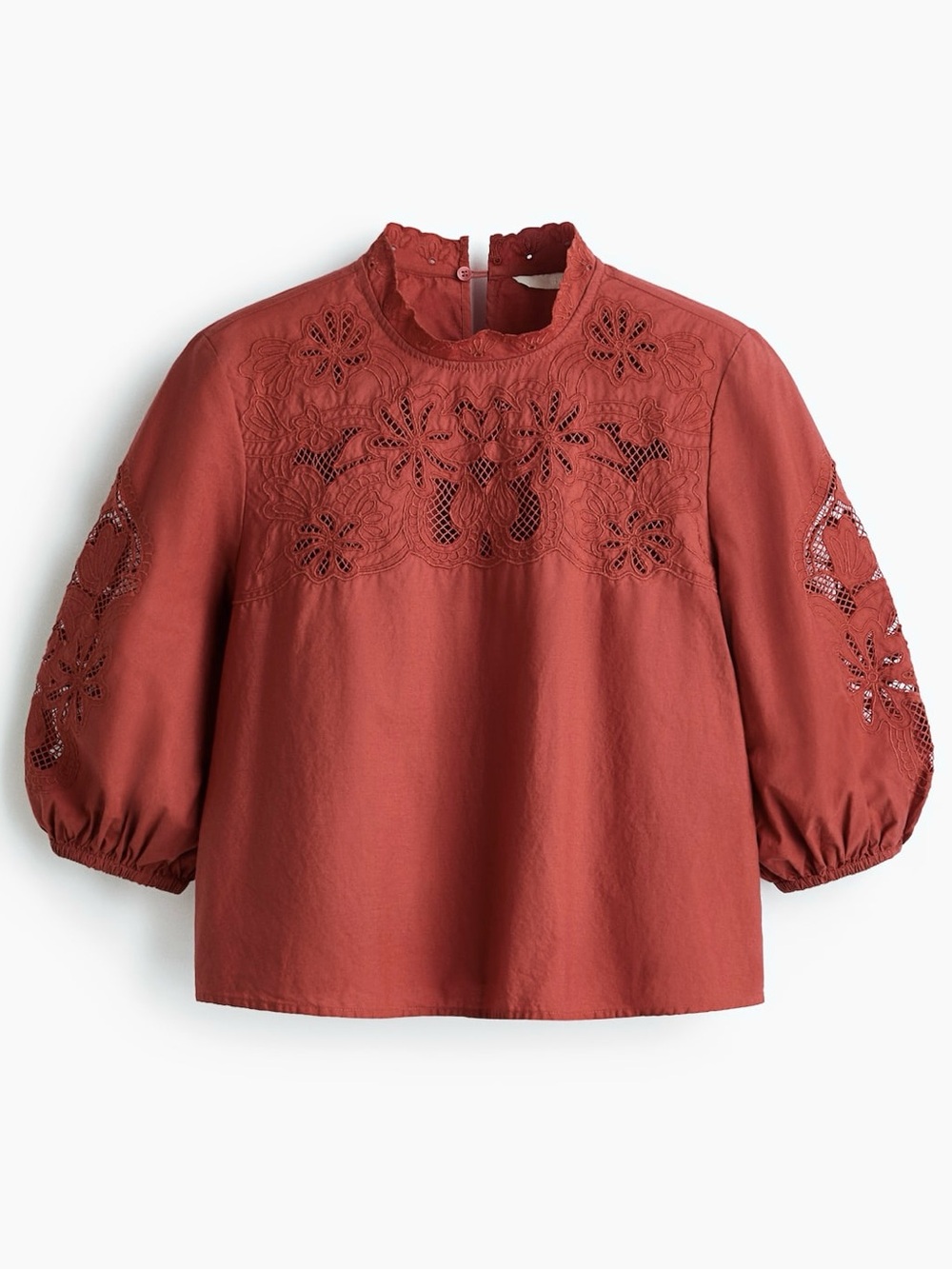 H&M Eyelet Embroidered Balloon Sleeve Blouse Red Size M NWT